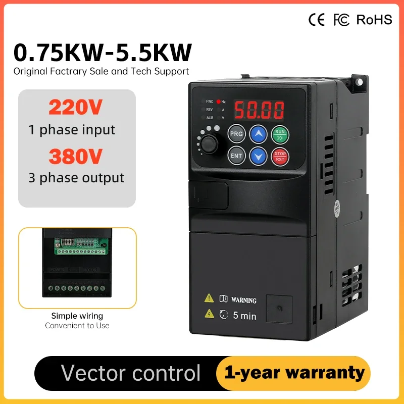220 V až 380 V 1-fázový vstup do 3-fázového výstupu 0,75 kW-5,5 kW mikro-meniča vektorový frekvenčný konvertor pre priemyselný priemysel