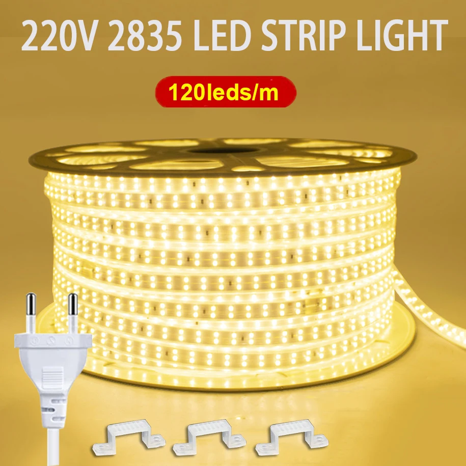 220 V LED pásik 120led s EU Flexibilnou stuhou svetlou vodotesnou páskou LED pre domácu kuchyňu Outdoor Garden Decor Lighting