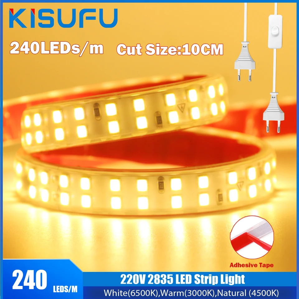 220V 2835 LED pásové svetlo s prepínačom/2pinový drôt/EU PLUPOPROPLE FLOPPORE FLOW SLIP Super Bright 240LED