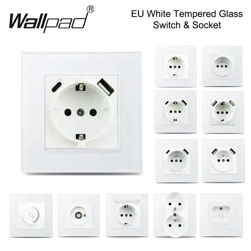 220V Socket EÚ Typec Crystal Glass Panel napájajte vypnutie Fand Dimmer Switch Euro French Power Socket s USB a biely typ C