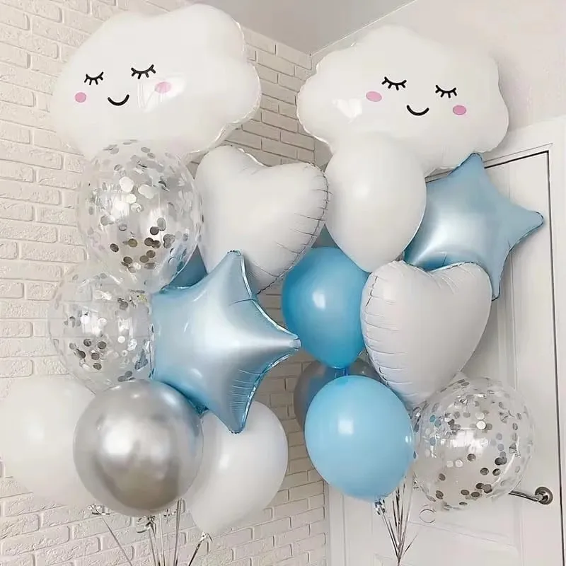 22ks biele oblaky bábätko Balóny súprava s 18 palcovými hviezdami srdiečko fóliová guľa Strieborné konfety globos narodeniny svadobná dekorácia