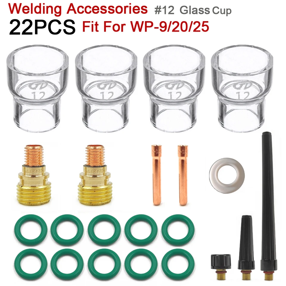 22ks WP9 Argon Arc #12 Pyrex Glass Cup 1,0 mm/1,6 mm/2,4 mm/3,2 mm Plynové šošovky Collety Todel pre WP9/20/25 Praktické príslušenstvo