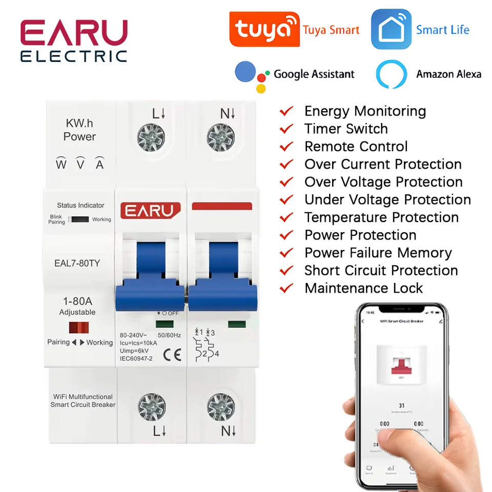 230 V TUYA WIFI MCB SMART BUSELER 1-80A Nastaviteľný KWH Meter Overcurrent podvzdušňovanie skratovej ochrany