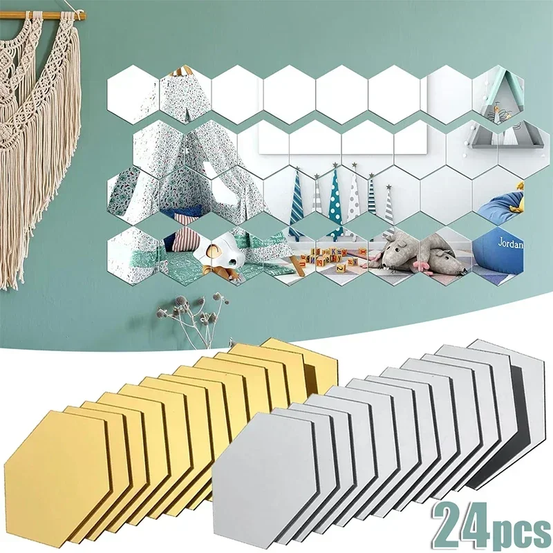 24/11ks zrkadlové nálepky na stenu Hexagon 3D akrylové samolepiace dlaždice obtisky DIY
