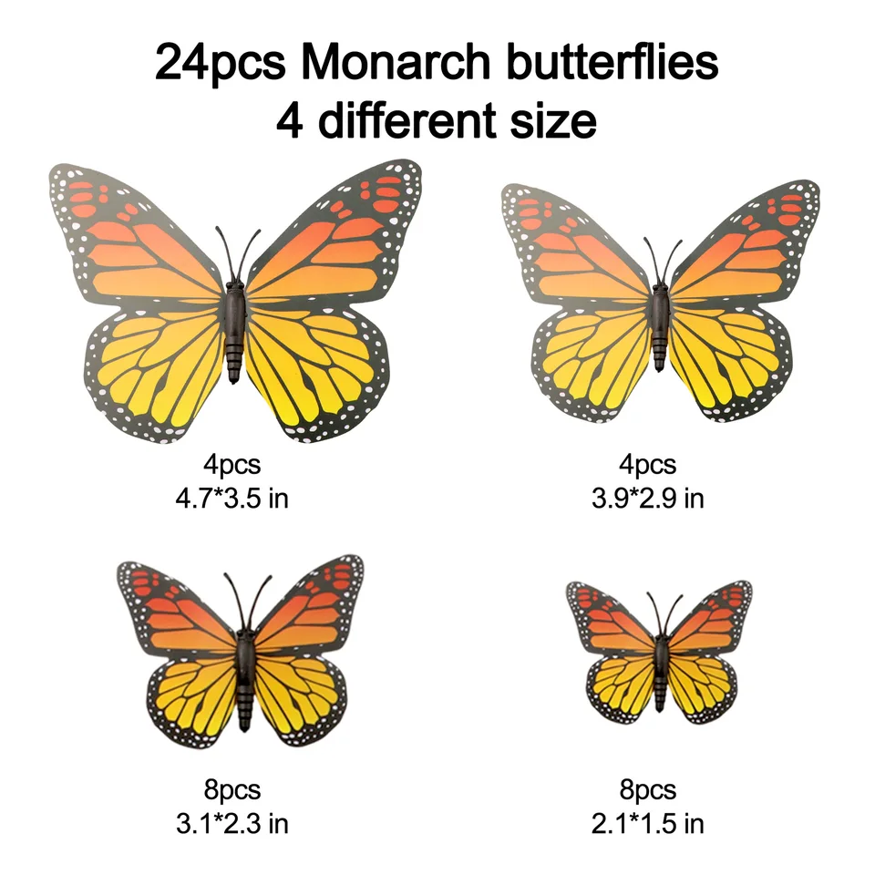 24 kusov Monarch Butterfly Dekorácie pre dom, remeslo, párty a izbu, Orange Festival Svadobná hostina DIY