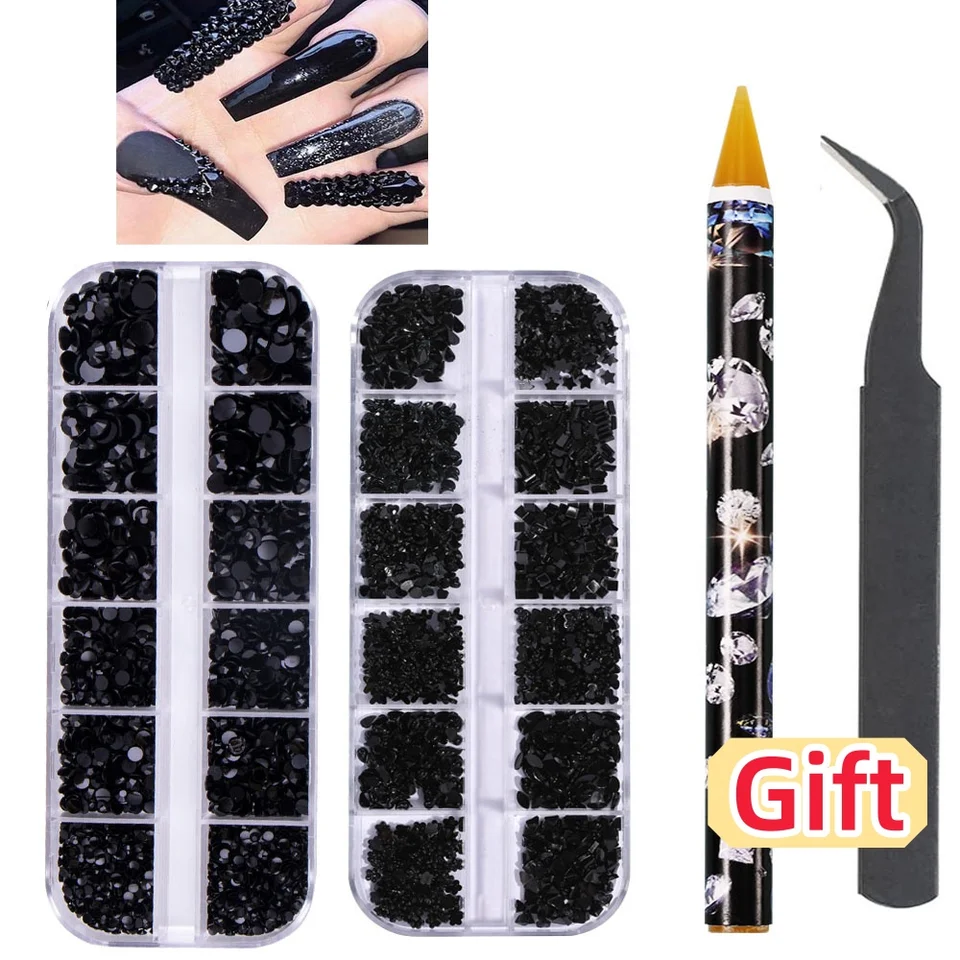 24 mriežky Čierne okrúhle plošné kameni na nechty Kúzla v tvare hviezdy Crystal Nail Decor Gems pre Halloween manikúrové doplnky