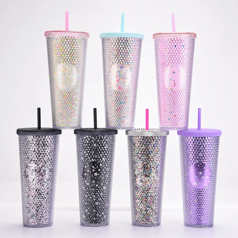 24 oz poháriky Dvojité plastové ploché okuliare s vekom a slama 710 ml laserového gradientu Dúhové okuliare Priehľadné zlaté šálky