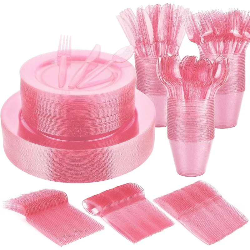 240ks Pink Glitter Dinlewware Set 40 GUEST na jedno použitie ružových trblietkov