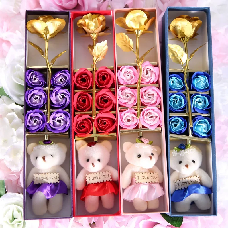 24k zlatá fólia ružová kvetina 6pc mydlové kvetina Valentína Deň matiek Darček Darček Artificial Flower Rose Bear Valentines d orchidy