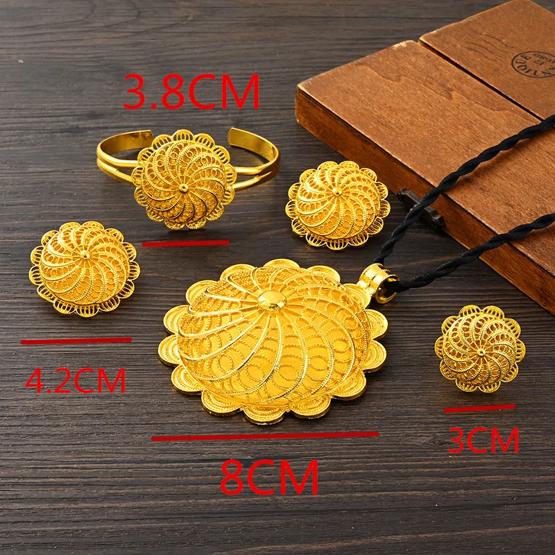 24k Zlaté módne etiópske náušnice/veľký prívesok/prsteň/náramok šperky so zlatými doskami Africa nevesta svadobná eritrea set darček