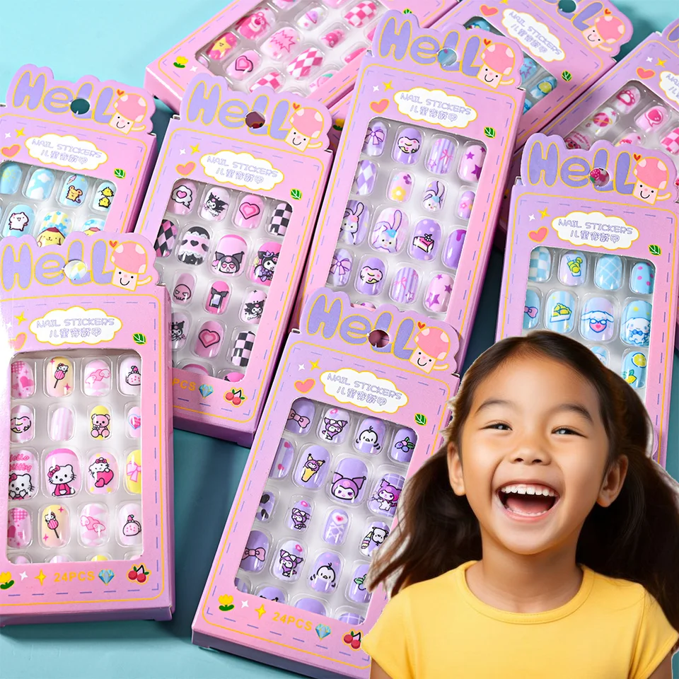 24ks/box Kawaii Hello Kitty Kids Press On Nails Catoon Kuromi Melody Full Cover Falošné nechty Deti farebné tipy na nechty s náradím