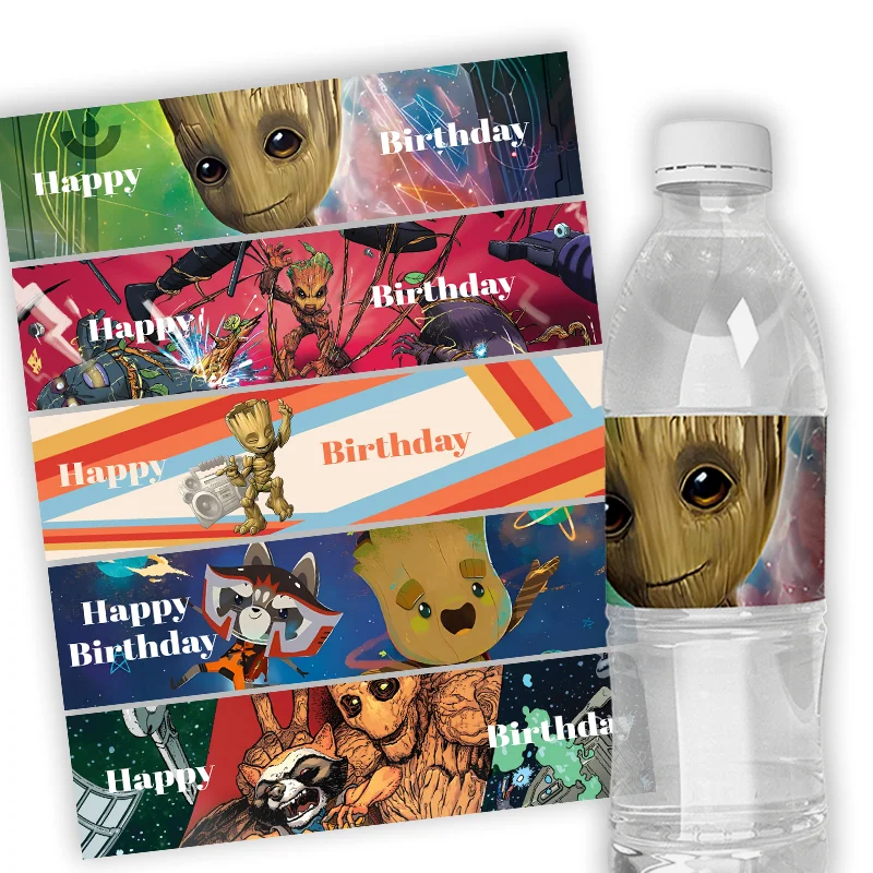 24ks Disney Groot Téma Party Party Custom Fľaša na fľašu Stickers Stiažky obaly Kids narodeninové podujatia dekorácie Dodávky dodávky darček