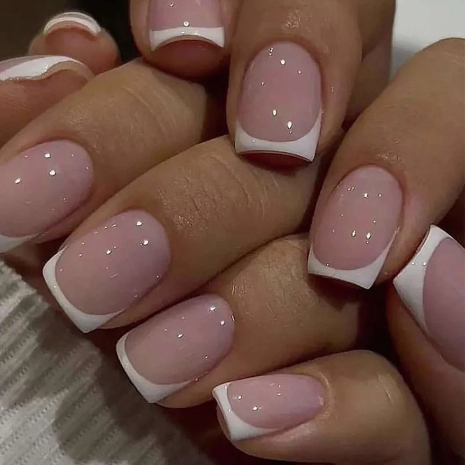 24ks krátke štvorcové biele francúzske francúzske plné kryt Falošný nechtový set 1pc na nechtový súbor a 1nail lepidl