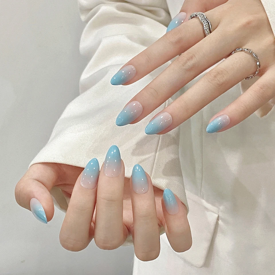 24ks Lake Blue Gradient na sebe falošné nechty plné pokrytie Tip Design Press On False Nails Art Dievčatá na nechty na nechty
