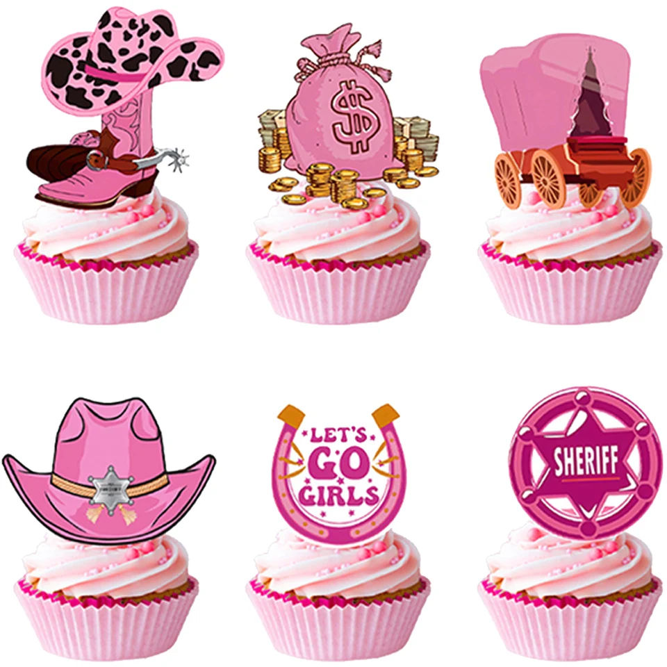 24ks Pink Western Cowgirl Cupcake Toppers Cowboy téma Party Dodávky uprednostňovaní bábätká Kôň farma na narodeninové oslavy dekorácie