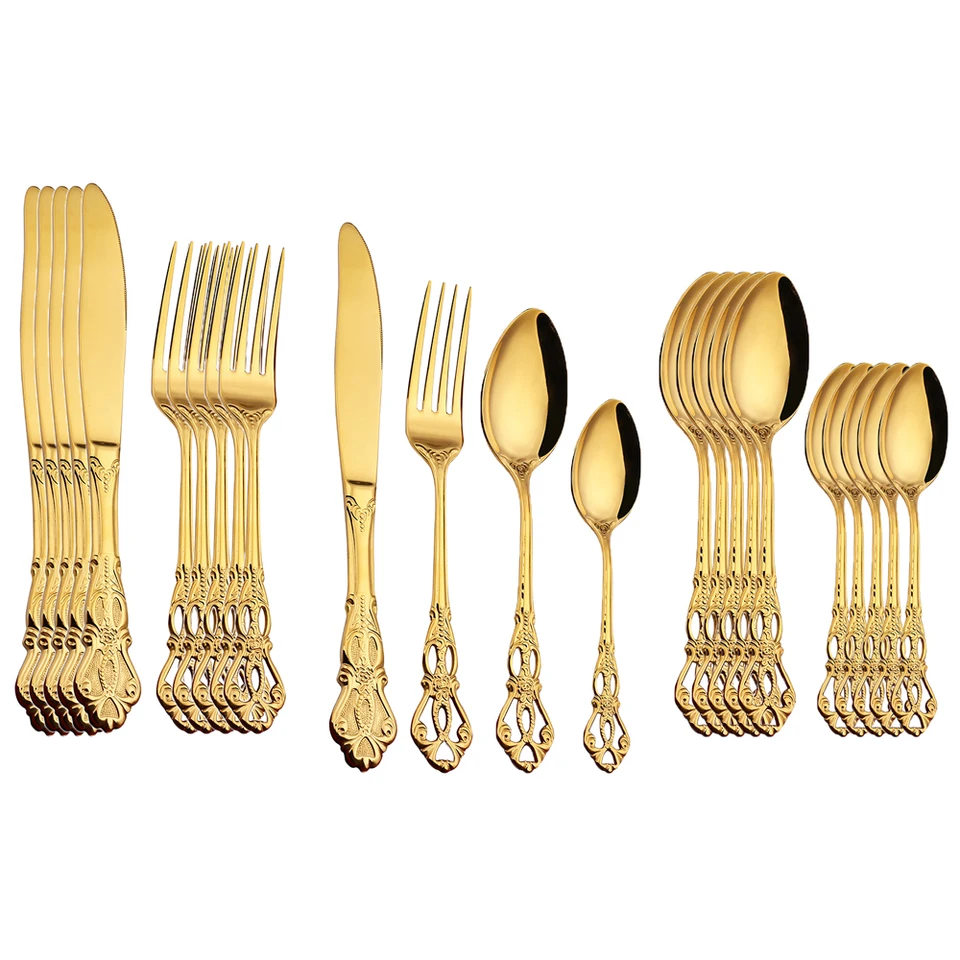 24ks príbory súpravy zlatý večernýware z nehrdzavejúcej ocele Royal Spoon Forks Noty Kuchy