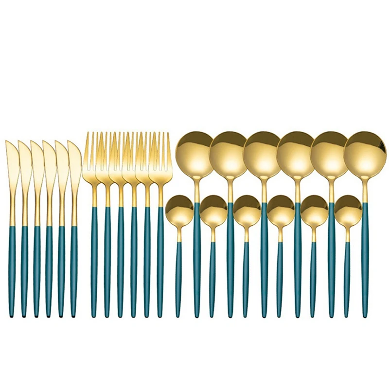 24ks z nehrdzavejúcej ocele sada príborov Catlery Spoon Cife Nôž Western Cutleri Silverware Rovelware ľahko použiteľné, zelené zlato