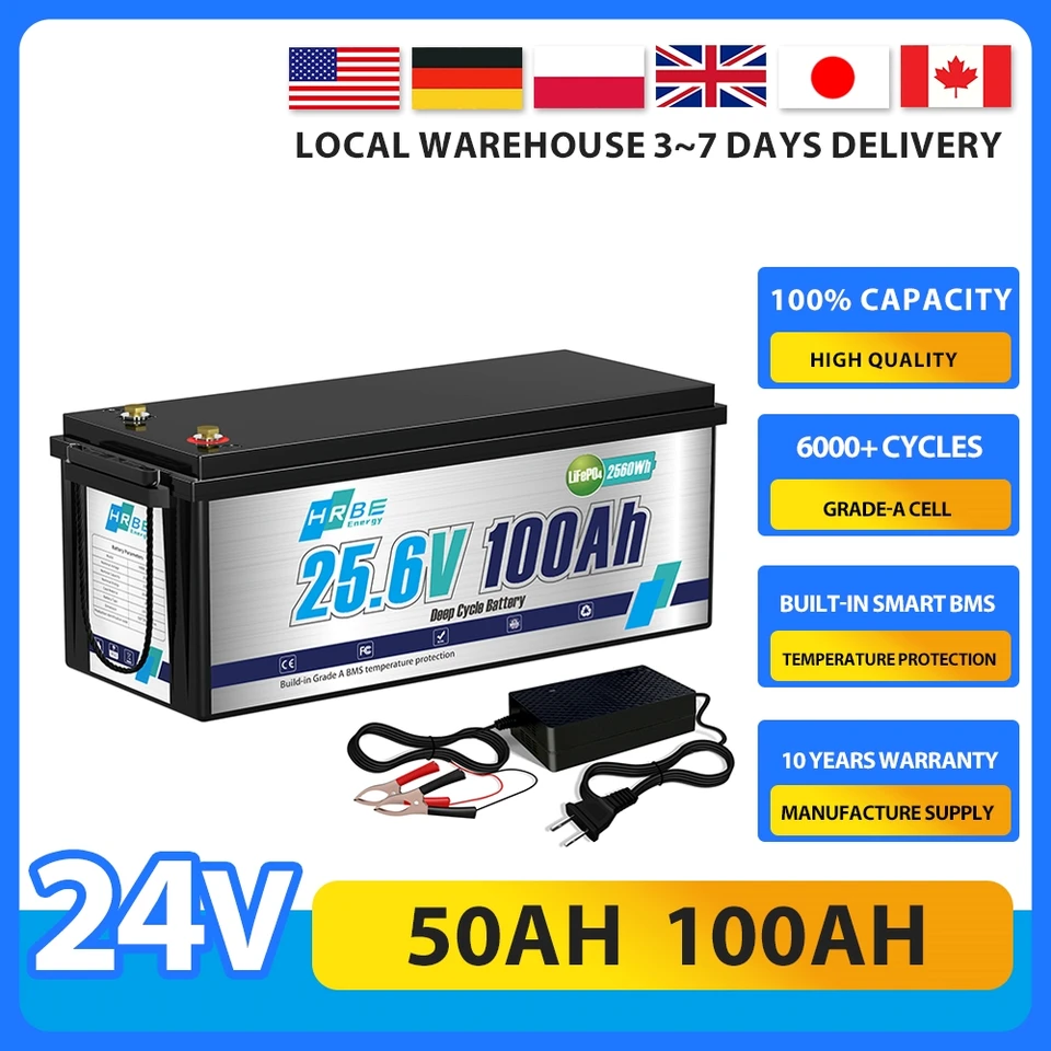 24V 100AH ​​50AH LIFEPO4 lítiová batéria, vstavaná BMS, 6000+ cykly Nabíjateľná batéria, pre karavanu, solárne, mimo siete