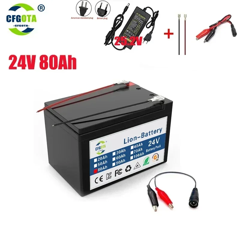 24V batéria 80AH 18650 lítium batérie Nabíjateľná batéria pre batériu elektrického vozidla solárnej energie+25,2v2a nabíjačka