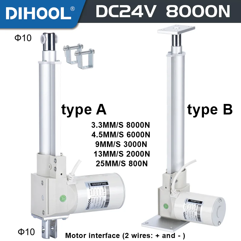 24V Motor Elektrický lineárny ovládač 8000N 3000N 2000n 50 mm 150 mm 350 mm 850 mm 1000 mm zdvih