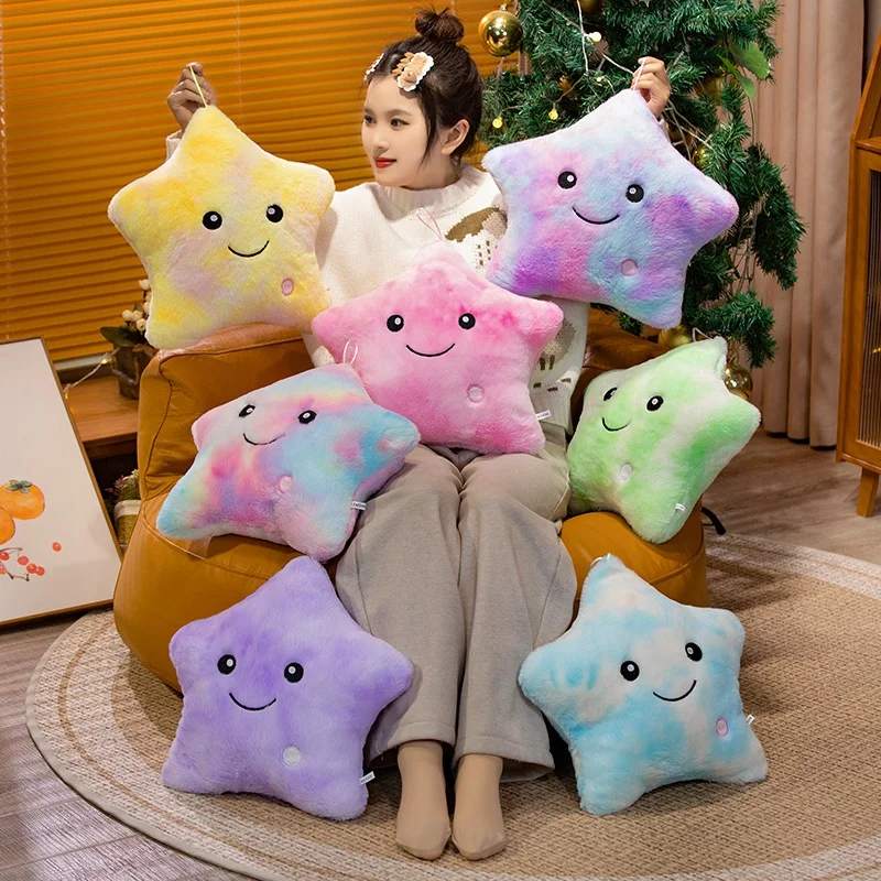 24x22/40x35cm žiariaca hviezdny plyšový vankúš plnú usmievavú tvár mäkká fialová modrá zelená žltá cez noc Plushie priateľ darček