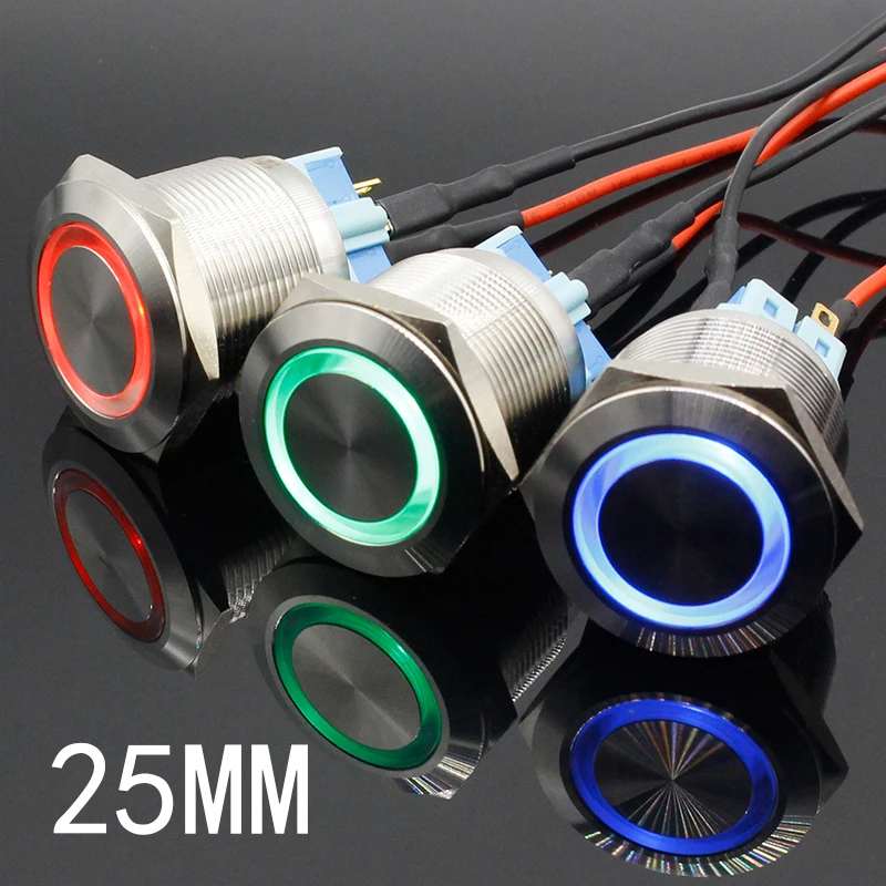 25 mm 6v 12v 24v 220v Blue Ring LED svetlo LED MAMENTÁRNE/BOCKING PUSIC GUND Spínač DPST kovový priemyselný čln