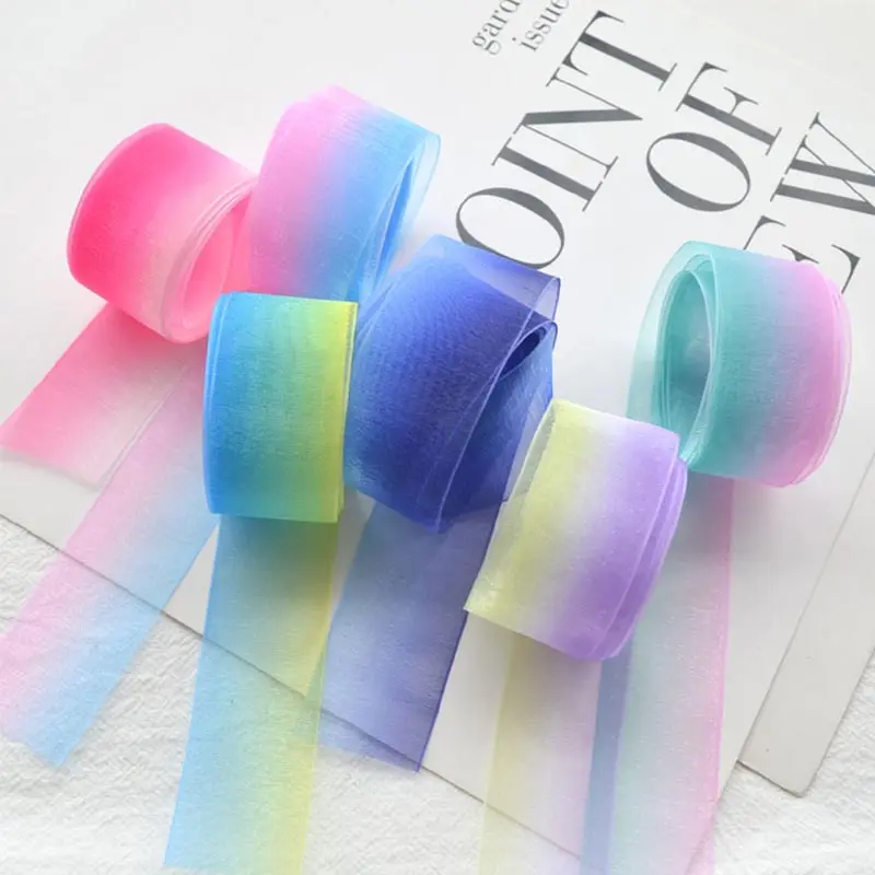 25 mm gradient Rainbow Organza Rube Ručne vyrobené materiály svadobné večere Darčekové zásoby DIY Vlasy Bow doplnky (1 meter/šarža)