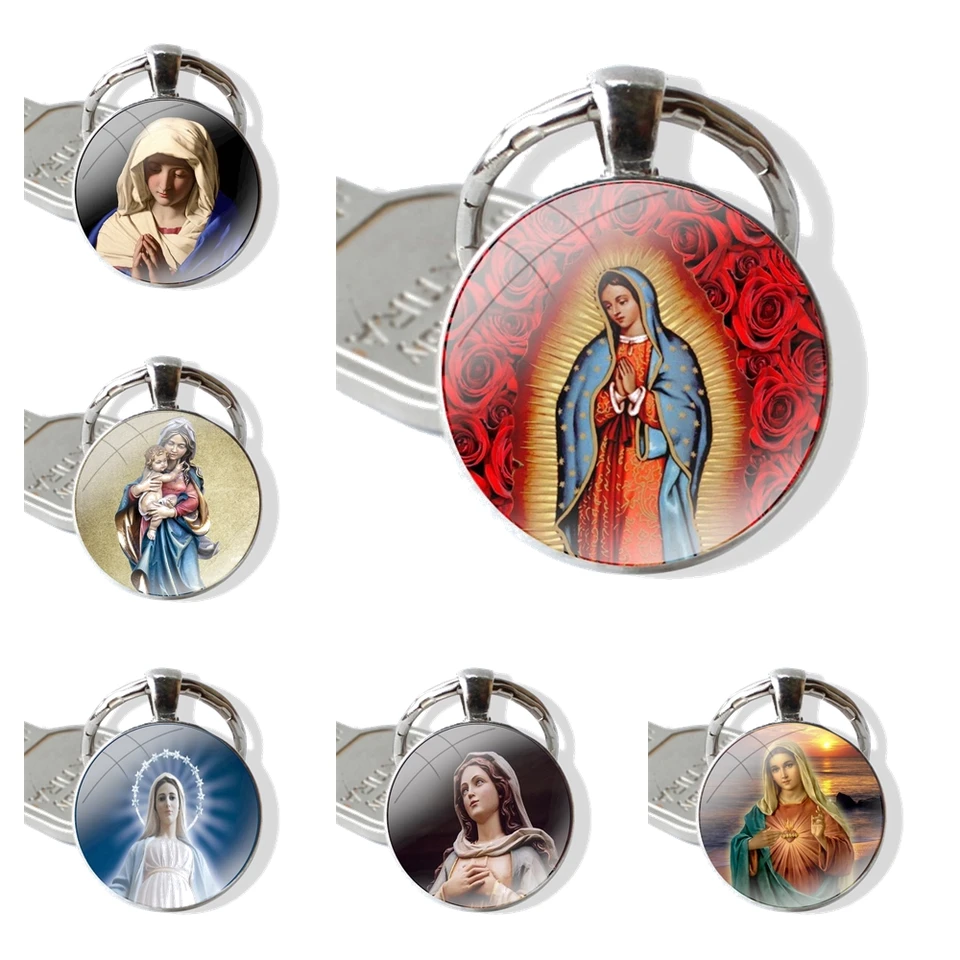 25 mm sklenené kľúče Cabohcon Keychain Key Rings for Women Men Jewelry Darček socha Virgin Maria