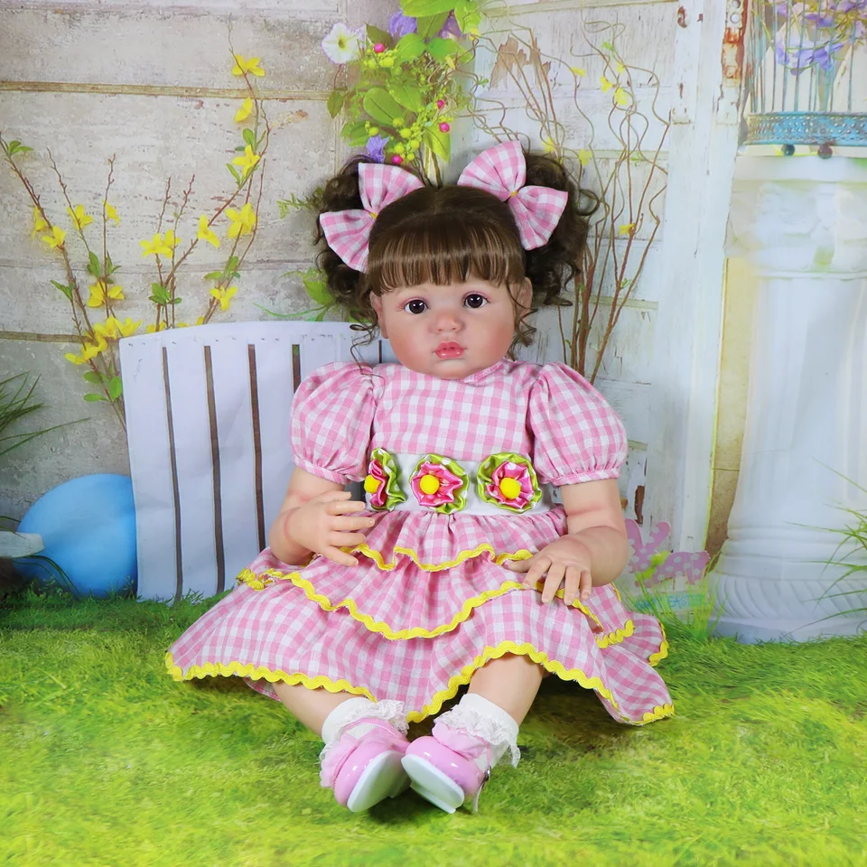 25 palcov/63,5 cm obrovská veľkosť zakorenené kučeravé vlasy Životné batoľatá bábiky - Pink Plaid Party s mäkkým váženým telom