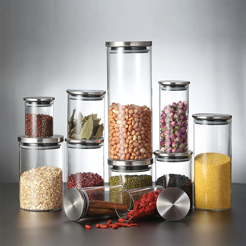 250-650 ml sklenená kanister z nehrdzavejúcej ocele Sklenené korenené nádoby Storage Tank Kávové zrná kontajnery kuchyne