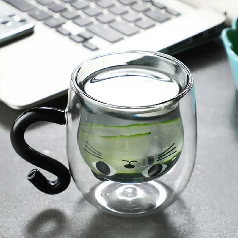 250 ml kreatívna karikatúra Cat Double Wall Glass Cup s rukoväť