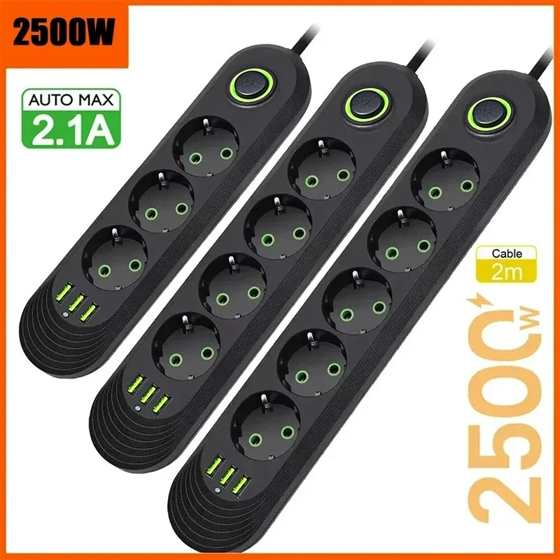 2500 W elektronický prúžok na elektronickú zásuvku s 3 USB portom predlžovacie kábelky Skladací koketový filter okrúhly PIN AC Outlet Home Office Adapter
