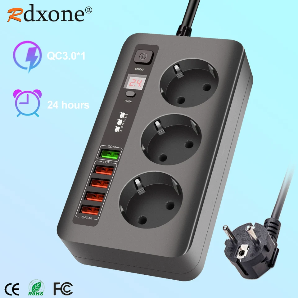 2500 W európsky zástrčkový pás s USB časovacím zásuvkom napájací prúžok Multi zástrčka USB QC3.0 nabíjačka pre iPhone 13 12 11 predĺžený pás 2m