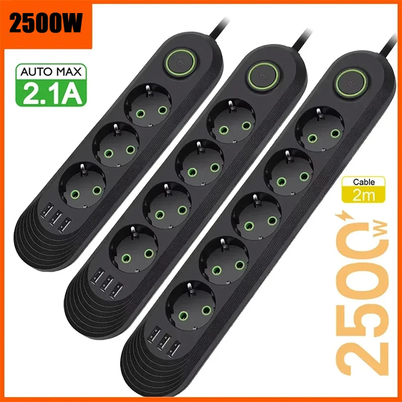 2500 W EÚ zástrčka striedavého striedavého prúdu napájací pás 2M predlžovací kábel Elektrický sieťový sieťový filter s portmi USB Rýchle nabíjanie
