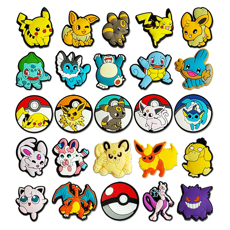 25ks/set miniso Pokemon Pikachu kúzla PVC Shoes Decorácie Kartoon Cartoon Sandals doplnky pre deti darčeky