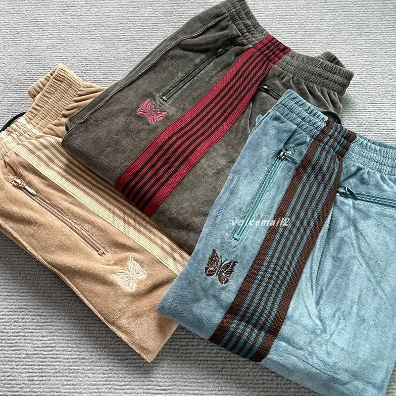 25ss motýľové vyšívanie Awge Velvet rovné nohavice špičkové ženy prúžky modré nohavice nadmerne
