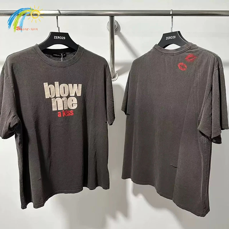 25SS Streetwear nadmerne poškodené diery Tričko Men ženy vintage umývaný hnedý fúkanie mi bozk projekt tričko bavlnené tričko