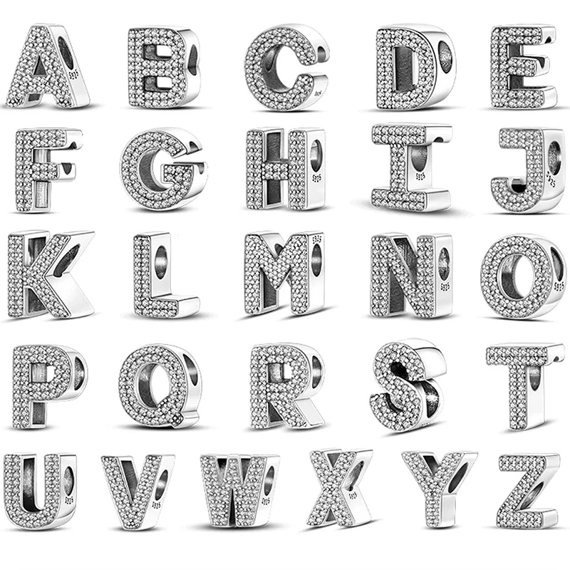 26 A-Z Abeceda Práľby 925 Sterling Silver Letter Fit Pôvodné kúzla Pandora náramok náramok CZ Zirkón Periečky šperky