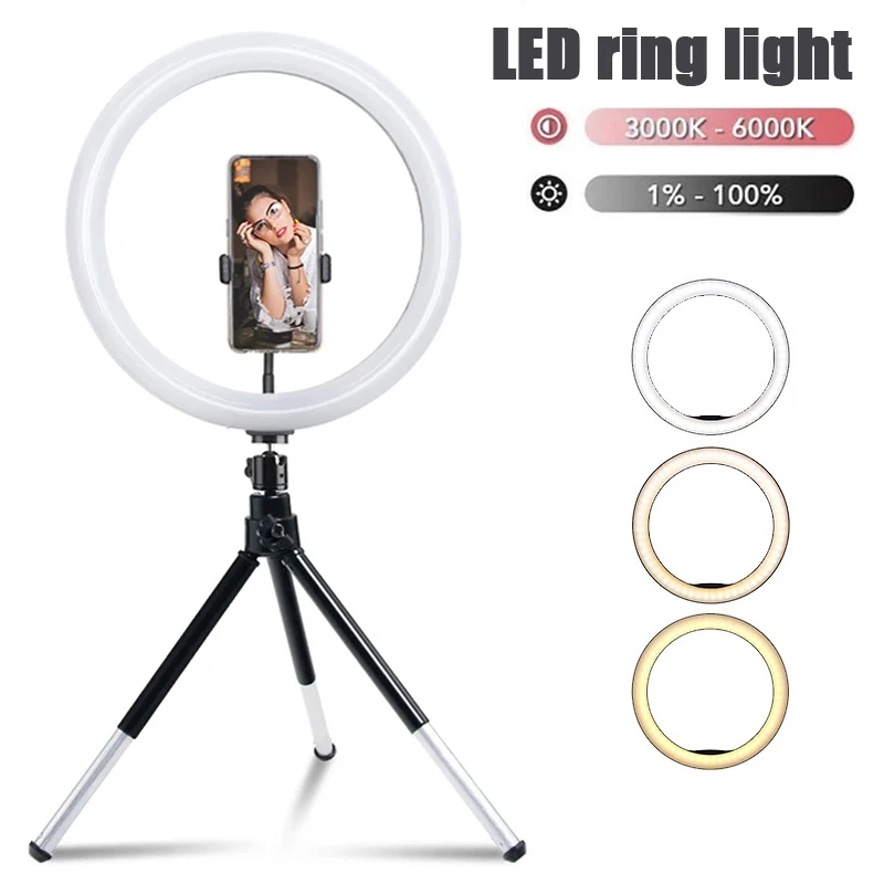 26 cm LED selfie prsteň svetlo Stlmiteľné LED fotografovanie RILLOGHT S RILLES S OBCHODNOSTI A PLYTOVÝ STAND pre TIKTOK VIDEO LIVE MAKELUP FILLE LAMPS