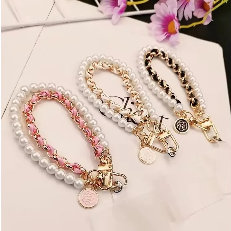 26 cm telefón Lanyard Camellia kovový reťazec kľúča reťaz mobilný telefón lano prívesok kožená perla mobilný telefón kúzlo náramok náramok