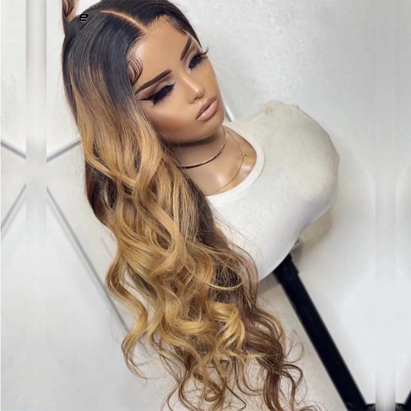 26 Dlhá ombre blondínka vlny tela vopred mäkká 180%hustota prírodná vlasová vlasová šnurovacia čipka predná parochňa pre čierne ženy babyhair parochňa