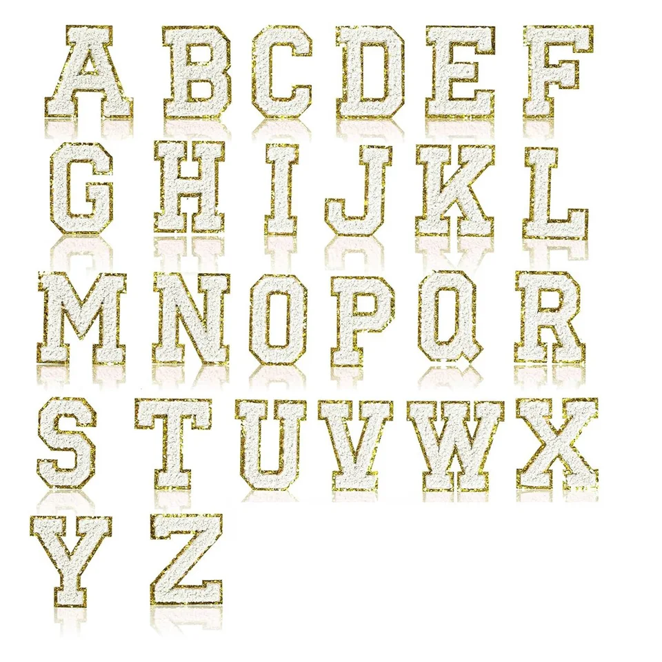 26 -kusové vlastné lepidlo Chenille Patches Patches Varsity Letter Patches AZ Glitter Iron na abecedných záplavách biele
