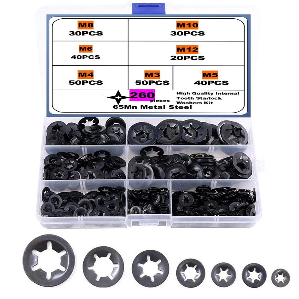 260ks 7 Vnútorné zubné umývačky Starlock Working Sadsort Súprava sortimentu sortimentu, push On Speed ​​Clips Kit