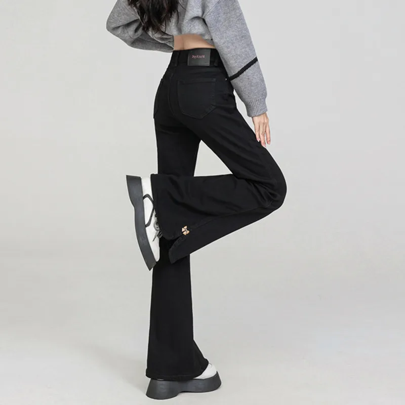 #2618 Black Blue High Basted Flare Jeans Ženy štíhle dlhé zvončeky džínsy Kórejský štýl Stretch džínsové džínsy Jar