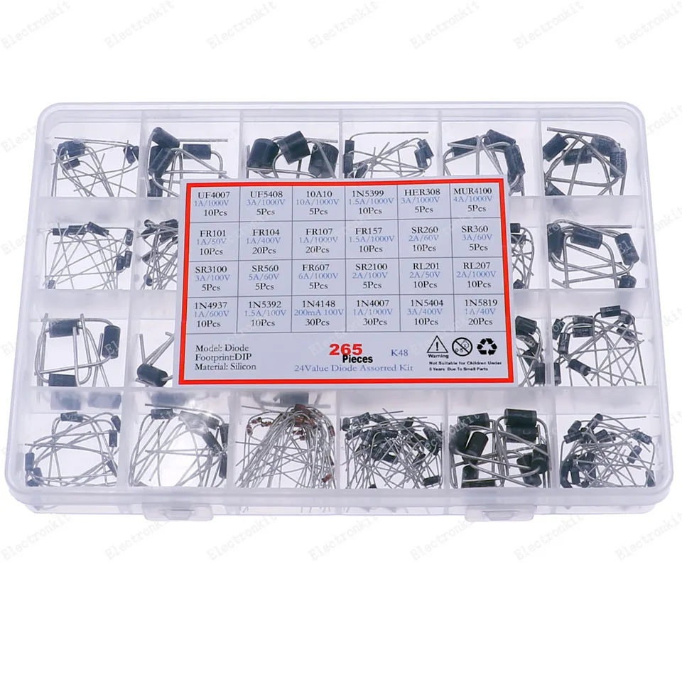 265ks/box rýchle prepínanie Schottky Diode Kit 1N4007 UF5408 UF4007 1N5399 HER308 MUR4100 1N4148 SR260 SR3100 FR607 1N5819 10A10