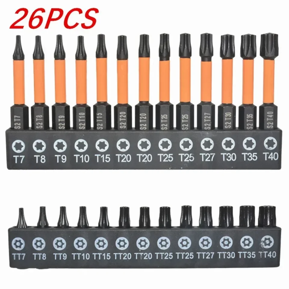 26ks Torx Bit Set Security Turper Proof Torx Star Bits 1/4 Hex Dress Rýchle zmenu pripájanie Impact Impact Drift BitDriver Bit