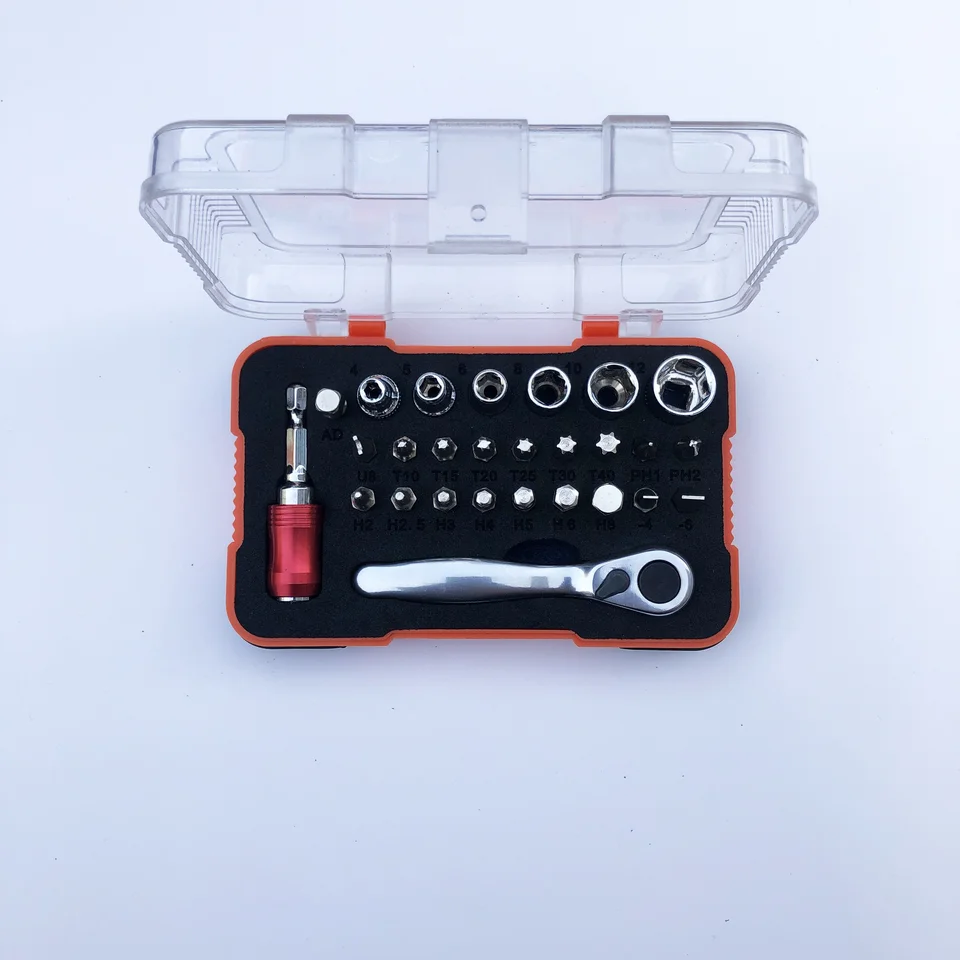 27 v 1 Mini Ratchet Wrench Set s skrutkovacími kúskami a soketovými kľúčovými nástrojmi na každodennú údržbu domácej aplikácie