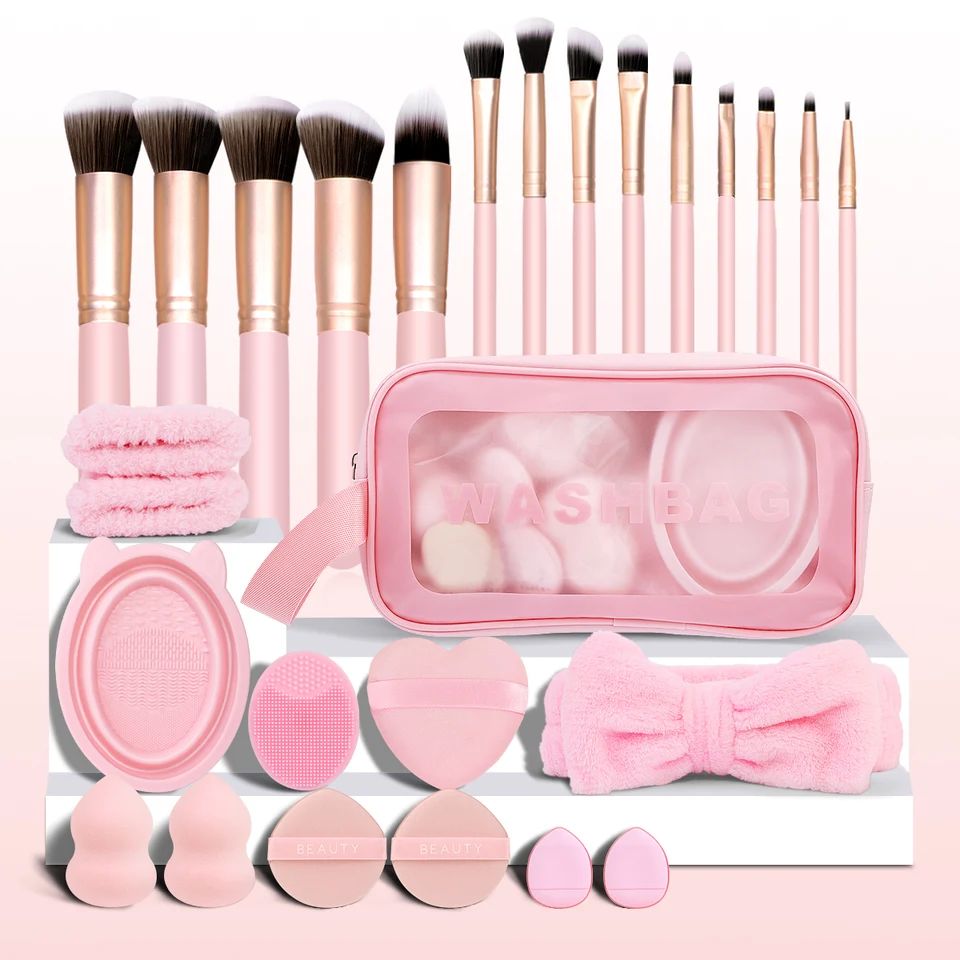 27PS Sada nástrojov na make -up, vrátane kefiek na make -up, hairbrov sponge guľôčkový prášok Puff Silikone Cleaning Makeup Tools, et