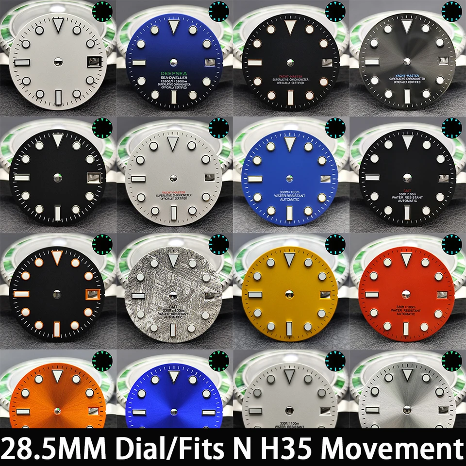 28,5 mm Single/No Calendar Dial Dial Blue Green Luminoum Dial GMT Hands Fits for NH Series H35 hodinky