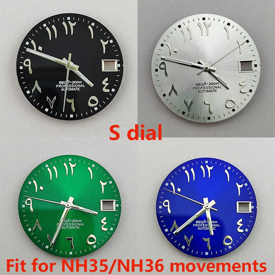 28,5 mm Vysoko kvalitný číselník NH35 Dial S Dialt No Svetelné arabské písmená Dial Dial NH35 NH36 Pohyby